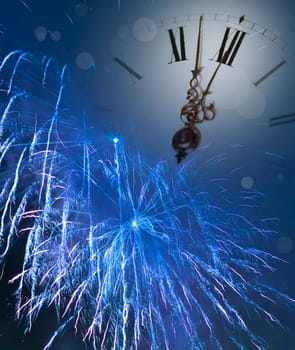 New Year's at midnight ireworks and holiday lights
