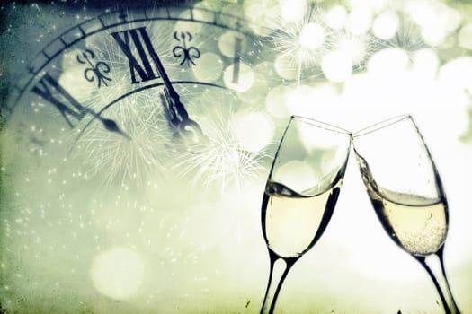 Vintage photo of glasses with champagne against holiday lights and clock close to midnight