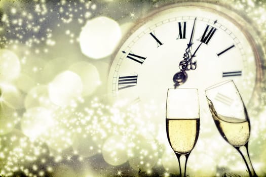 Vintage photo of glasses with champagne against holiday lights and clock close to midnight