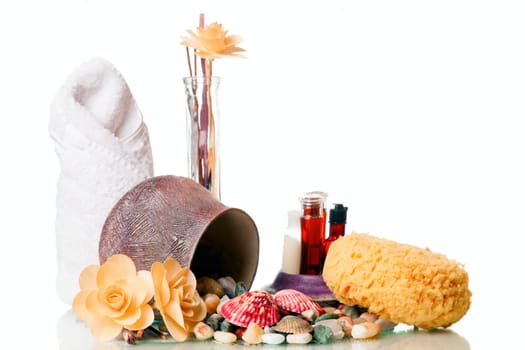 Assortment of spa related items on against white background