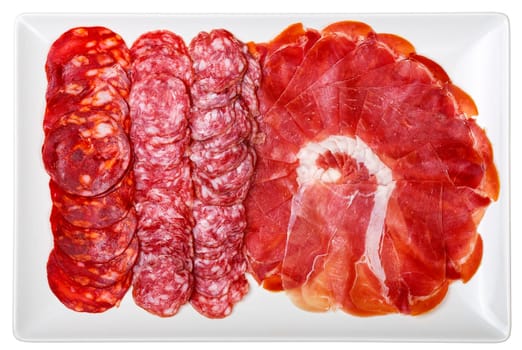 plate of cold cuts ham sausage typical in Spain, isolated on white background
