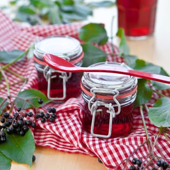 Mason jar with fruit jelly and fresh elderberries