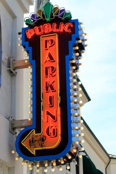FORT LAUDERDALE, FLORIDA - FEBRUARY 3: Neon public parking sign of a multi-level garage located near River Walk park at Brickell Avenue and SW 1st Ave February 3, 2013 in Ft Lauderdale, Florida.