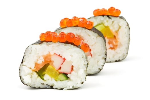 Sushi,close-up of California Roll with caviar against a white background