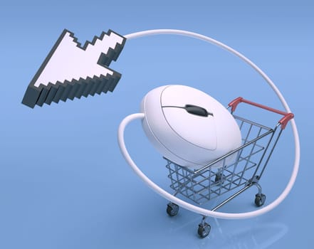 Cursor pulling shopping cart. Concept of internet shopping.