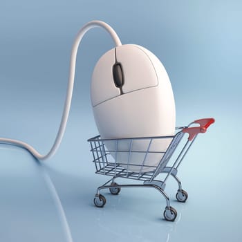 Mouse in the shopping cart. Concept of internet shopping.