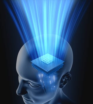 Concept of union between technology and human intelligence. You can put your information on the rays..