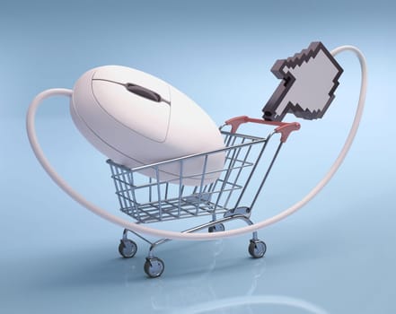 Mouse in the shopping cart. Concept of internet shopping.