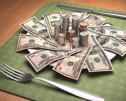Dinner time with American money on the plate.