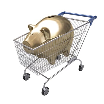 Shopping cart with a piggy bank inside.