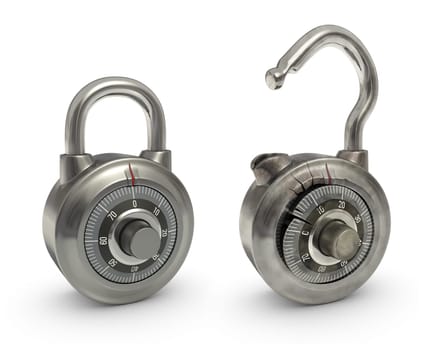 Two padlocks, one new and other broken. Both in the same position. Useful for animation overlaying the images.