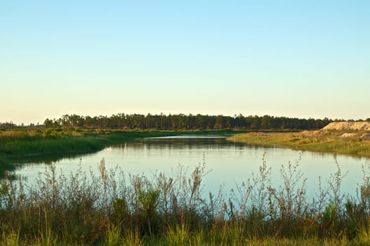 Scenic view of a peaceful pond in a swampy area of rural florida at sunset.