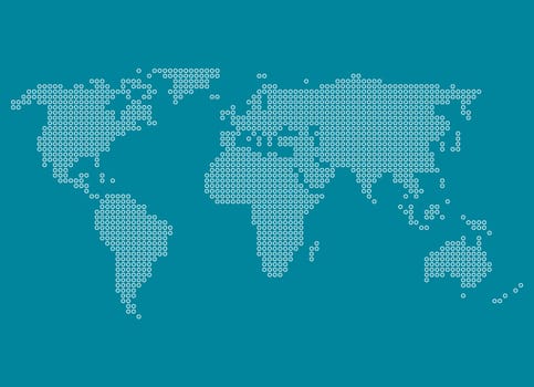World map made of white kriesen on blue background