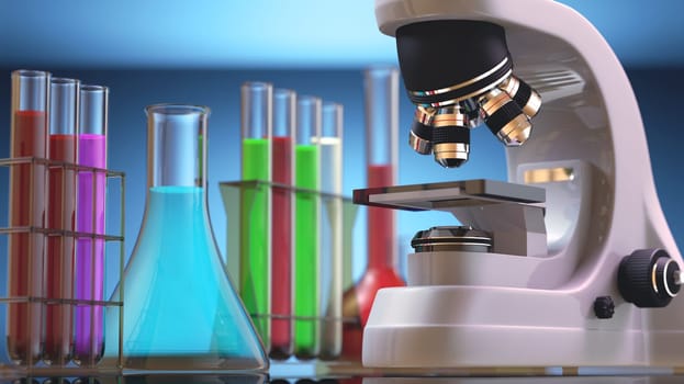 Microscope with several test tubes in the background.