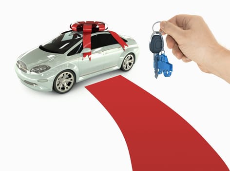 One hand holds the key of the new car. Red carpet for a special client.