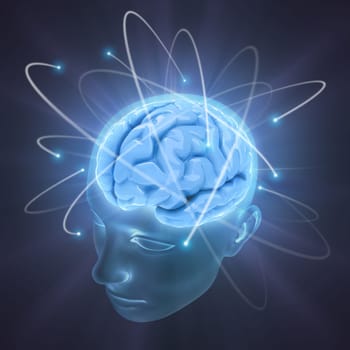 Head illuminated by the energy of the brain. Concept of thinking, the power of mind.