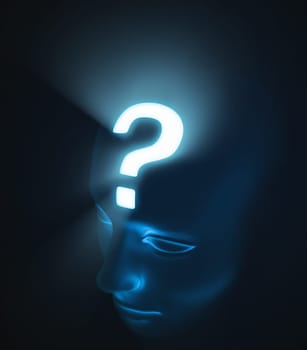 Head with interrogation. The strong light inside the head, represents the intensity of the doubt.