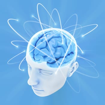 Head illuminated by the energy of the brain. Concept of thinking, the power of mind.