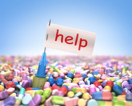 Flag on the needle with writing help. Concept of addiction. Clipping path on the flag.