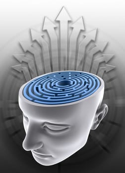 The labyrinth inside the head. Concept of confused mind.