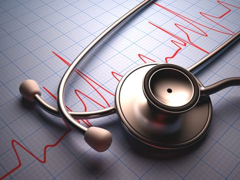 Stethoscope on a table with a heart graphic. Clipping path included.