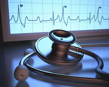 Stethoscope in front of the heartbeat monitor. Clipping path included.