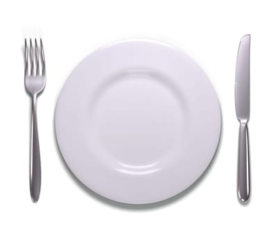Silverware and empty plate. Your text or image on the plate.