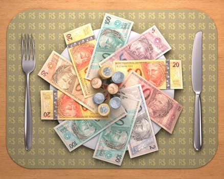 Dinner time with Brazilian money on the plate.