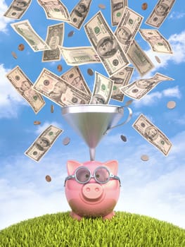 Piggy bank with funnel to get more money. With clipping path.