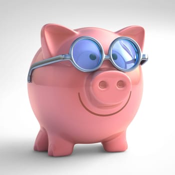 Piggy bank happy with sunglasses. With clipping path included.