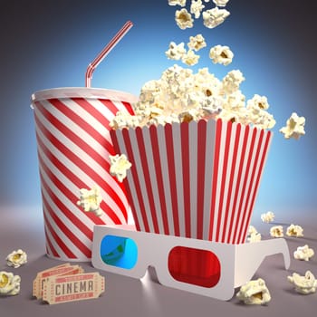 Popcorn, soda, 3D glasses and movie tickets, ready for the film.