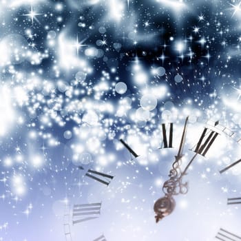Old clock against holiday lights