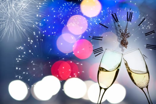 Glasses with champagne against fireworks and clock close to midnight