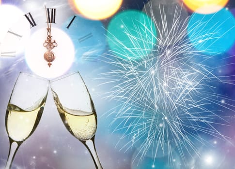 Glasses with champagne against fireworks and clock close to midnight