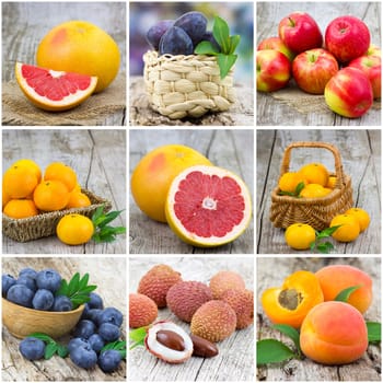 fresh fruits on wooden background - collage