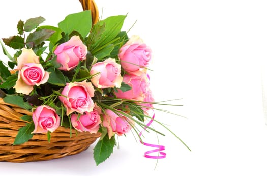 pink roses in a basket