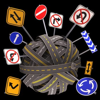Road asphalt tangled and messy. Concept of direction.