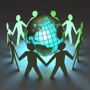 Planet Earth at the center of attention of humans. Concept of ecology, environmental protection or business concept, teamwork around the world.