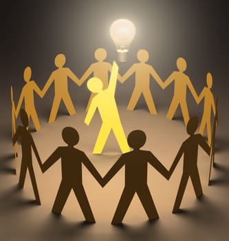 Leader at the center of the group with a great idea.