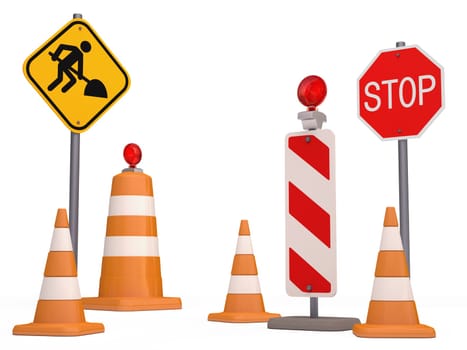 Street cone and easel signs on white background.