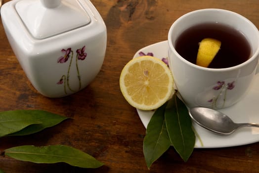 Infusion of various fruits flavored with a slice of lemon. relaxing drink