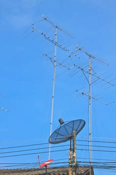 satellite dish and Television antenna on roof with blue sky