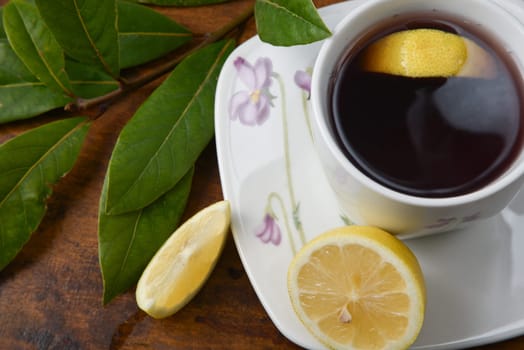 Infusion of various fruits flavored with a slice of lemon. relaxing drink