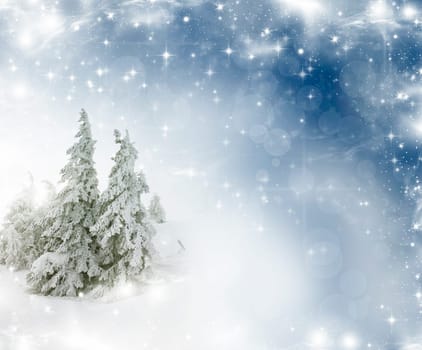 Christmas background with stars and snowy fir trees and snowflakes