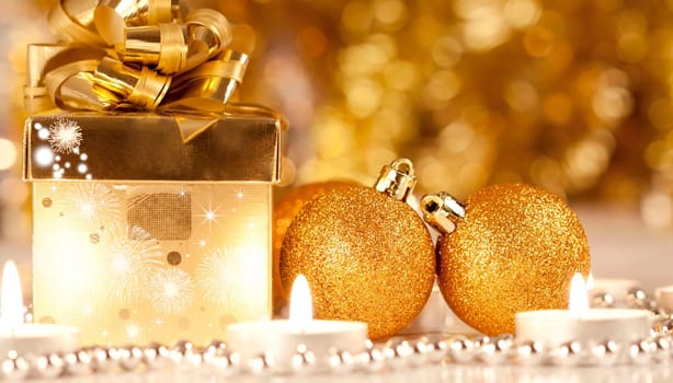 Christmas decoration with Gift box, candles and balls