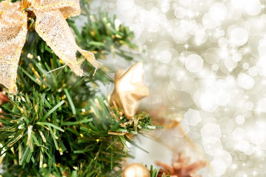 Close up on Christmas tree decoration and holiday lights