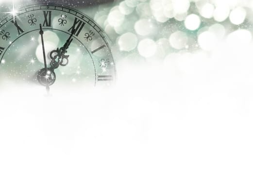 New Year's at midnight - Old clock with stars snowflakes and holiday lights