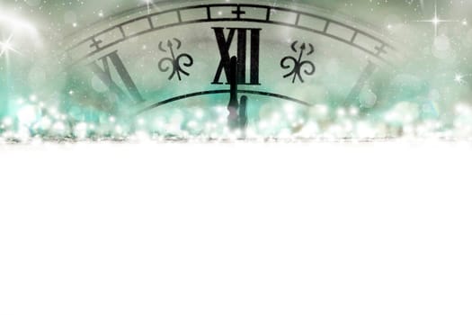 New Year's at midnight - Old golden clock with stars and snowflakes on the background