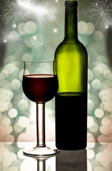 Red wine against holiday lights and fireworks