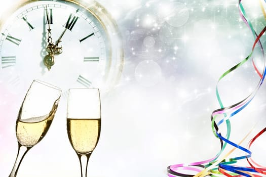 Glasses with champagne against holiday lights and clock close to midnight